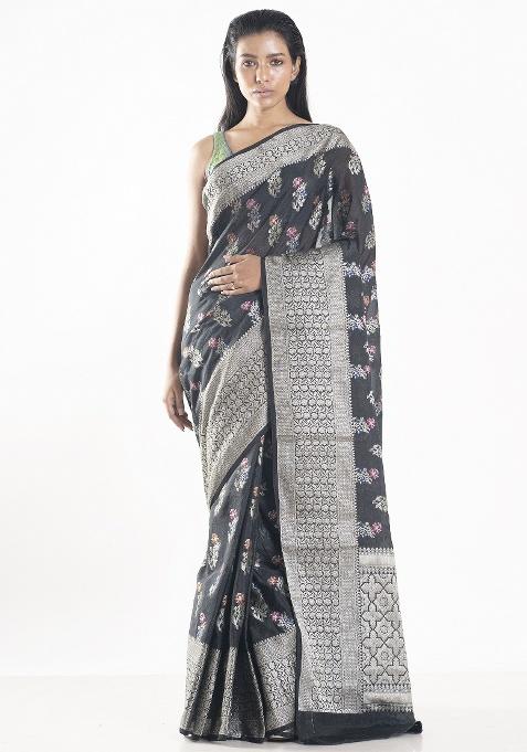 Black Woven Organza Saree Set