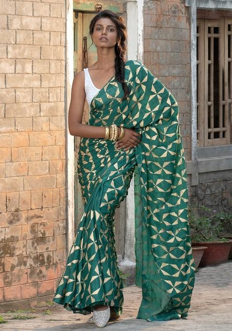 Green Woven Chiffon Saree Set — view on Indya