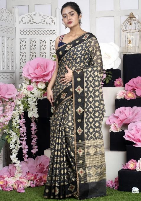 Black Woven Silk Blend Saree Set