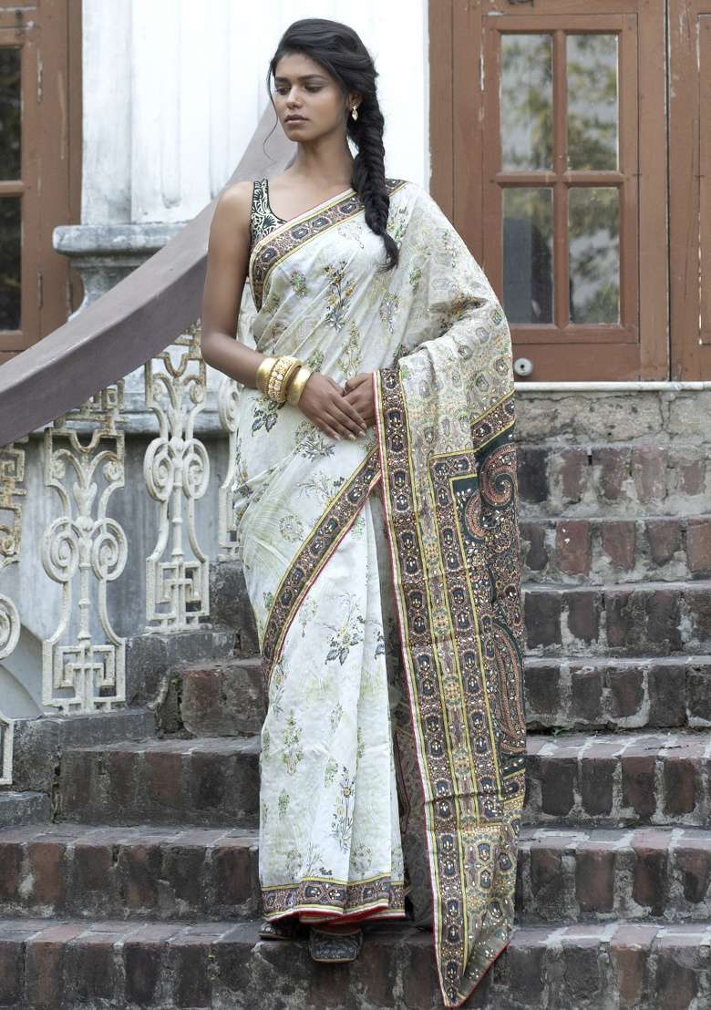 Green Printed Silk Blend Saree Set - Indya