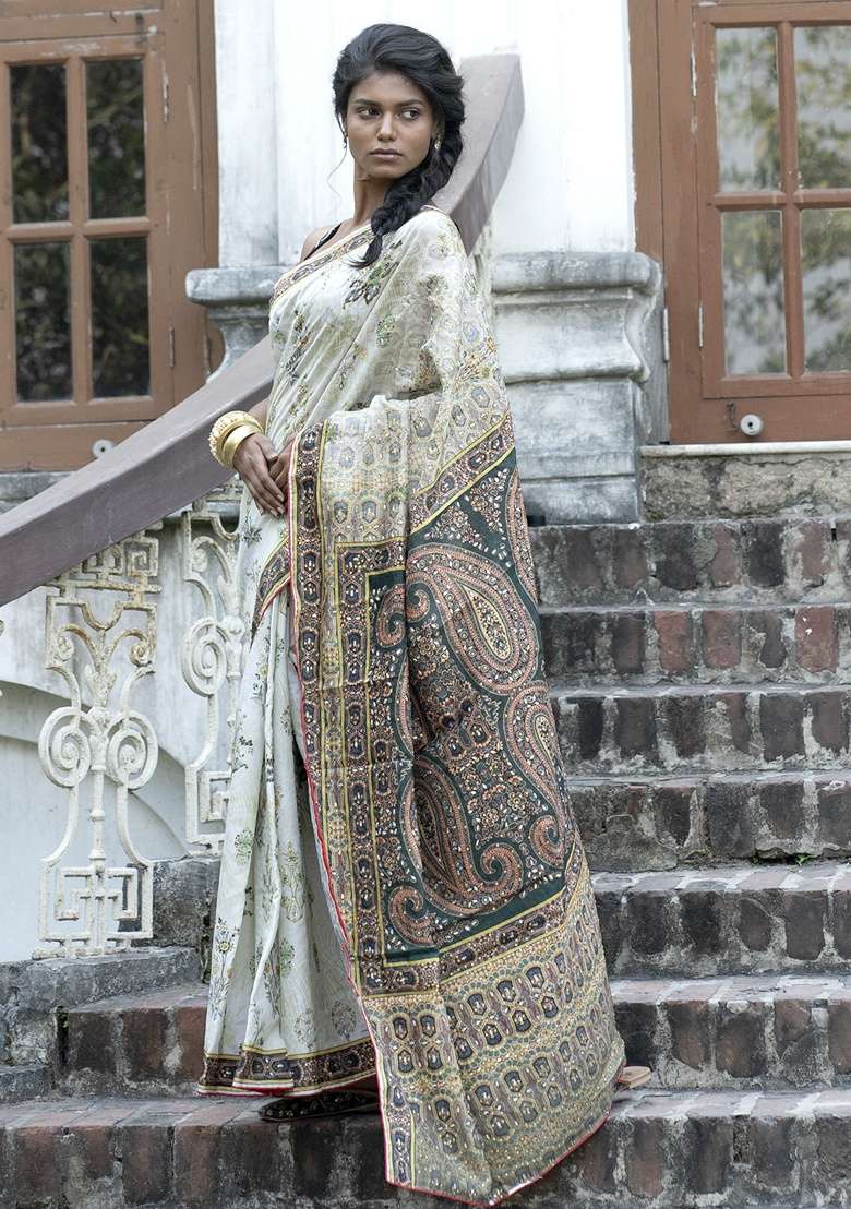 Green Printed Silk Blend Saree Set - Indya