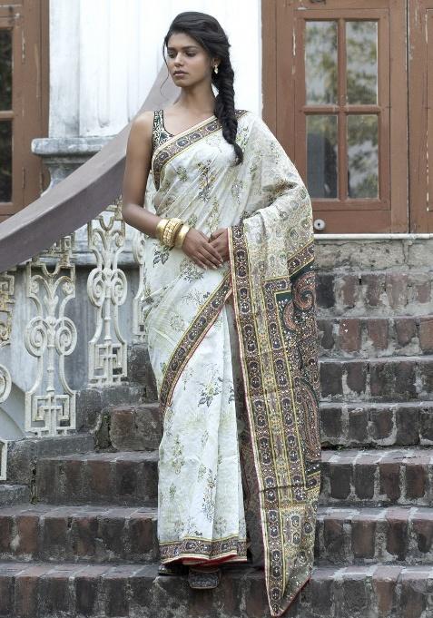Green Printed Silk Blend Saree Set
