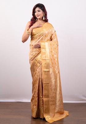 Beige Solid Silk Saree Set