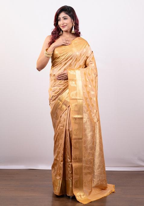 Beige Solid Silk Saree Set