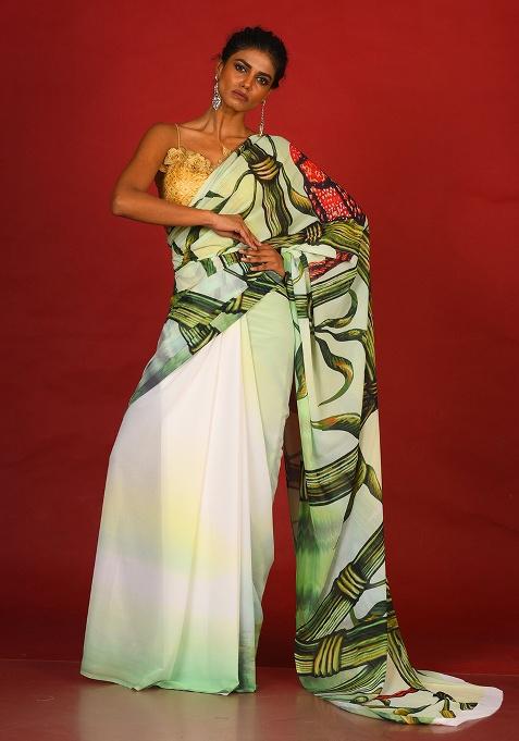 Green Printed Georgette Saree Set