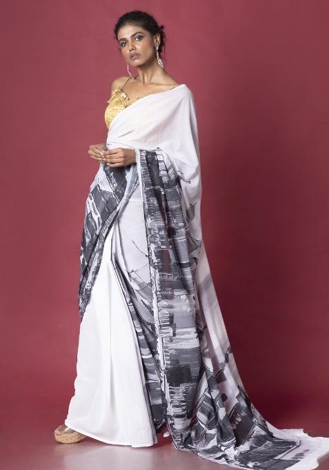 Off White Printed Georgette Saree Set