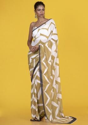 Brown Printed Georgette Saree Set