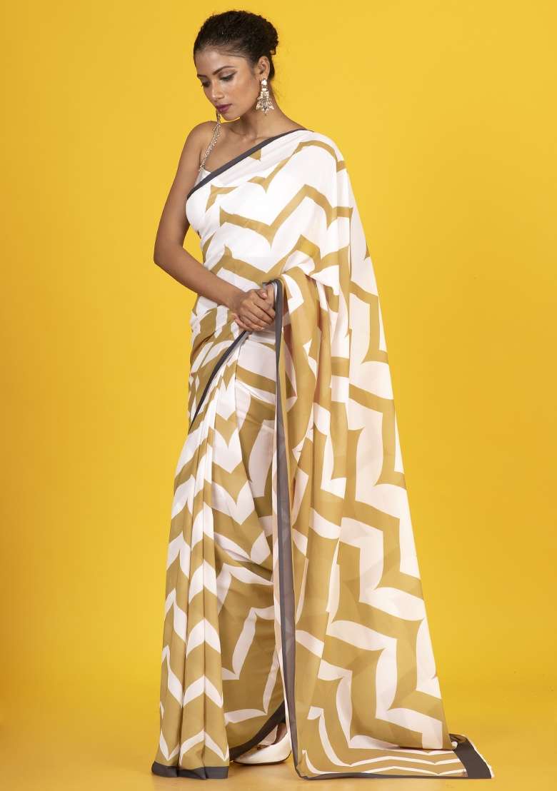 Brown Printed Georgette Saree Set - Indya
