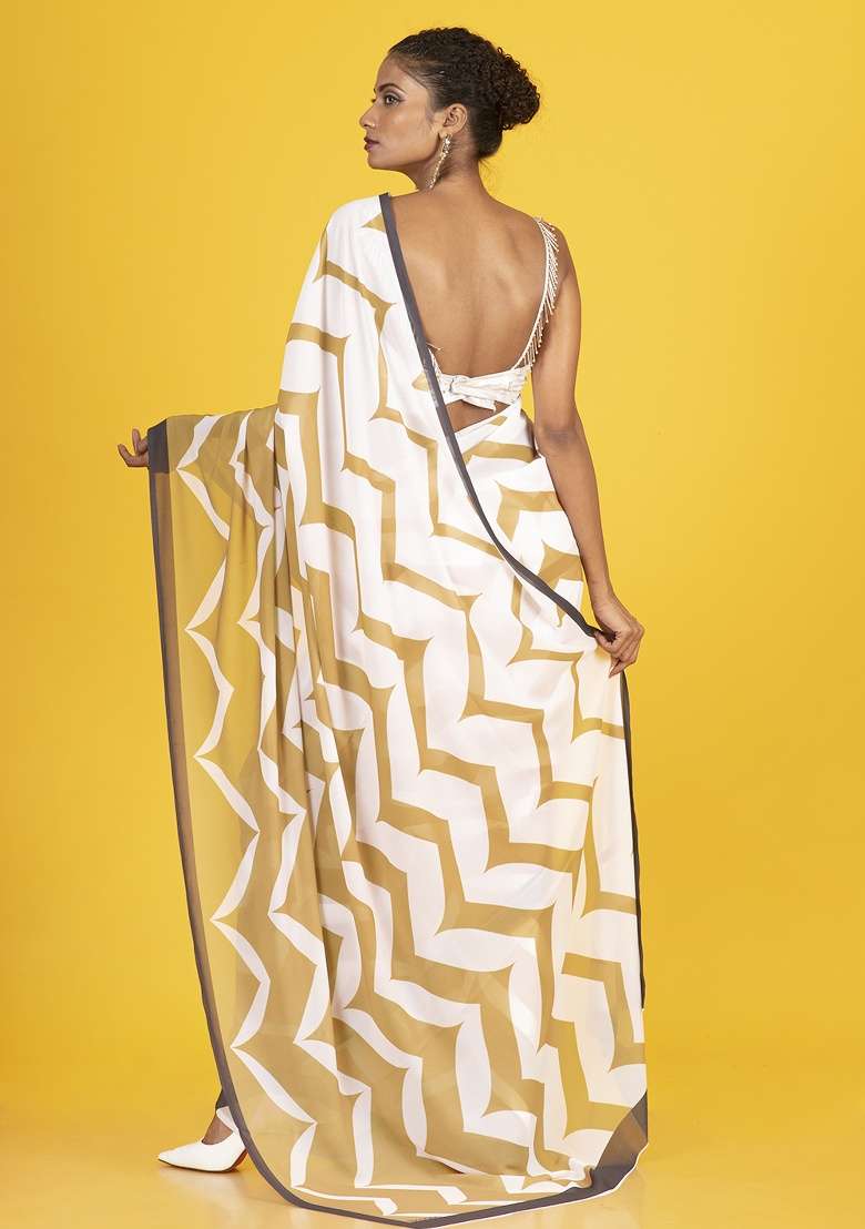Brown Printed Georgette Saree Set - Indya