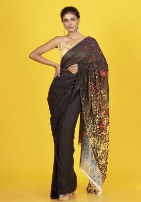 Black Printed Georgette Saree Set