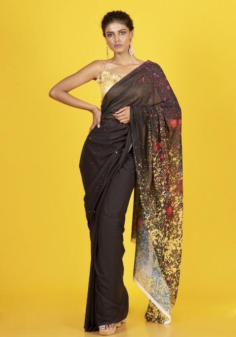 Black Printed Georgette Saree Set