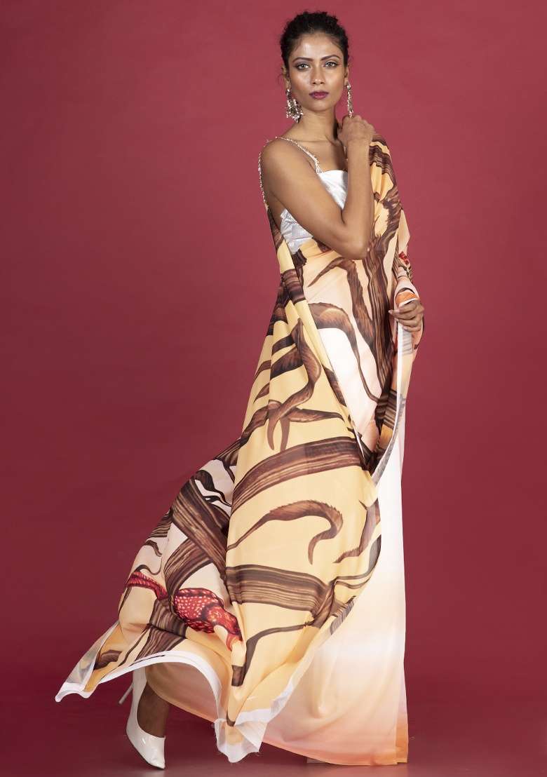 Multicolor Printed Georgette Saree Set - Indya