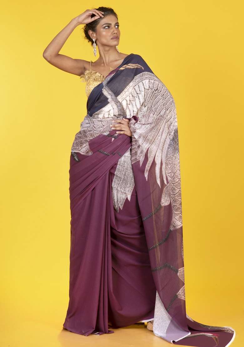 Brown Printed Georgette Saree Set - Indya