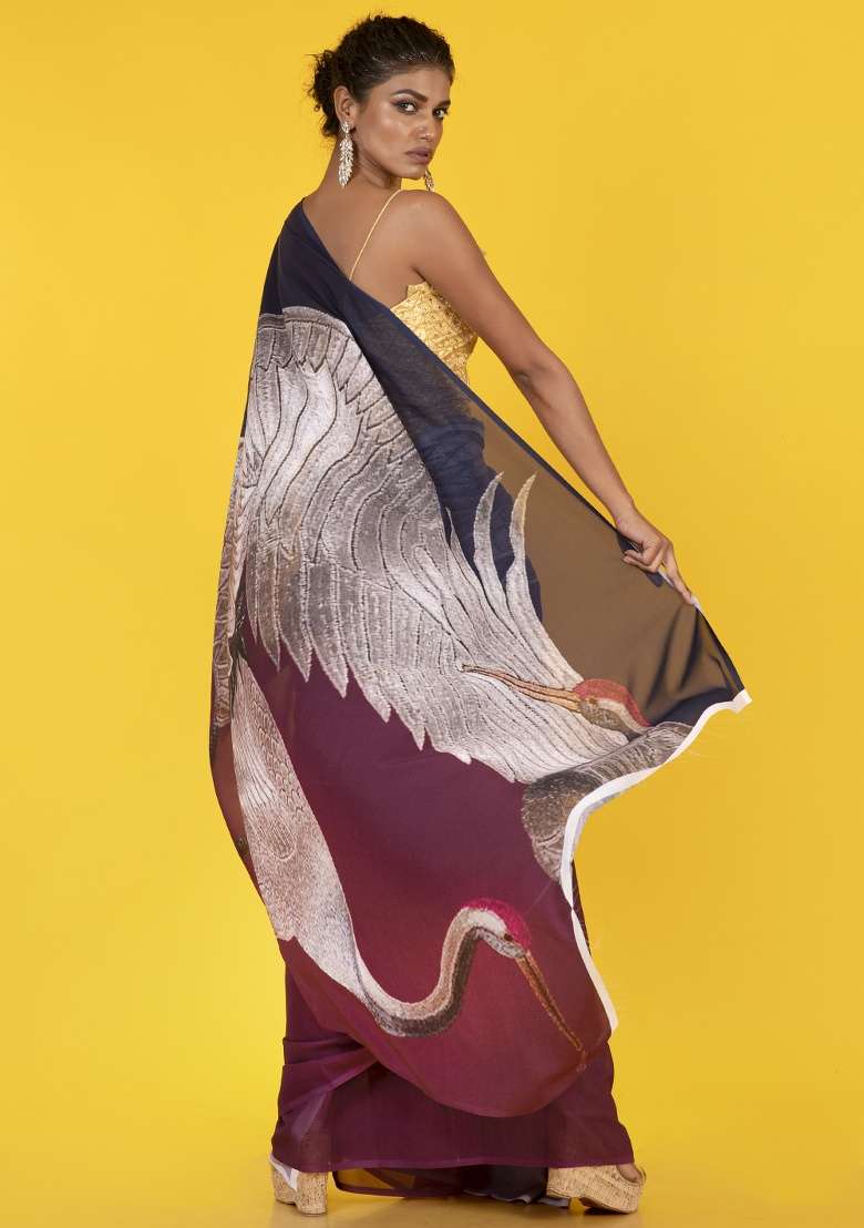 Brown Printed Georgette Saree Set - Indya