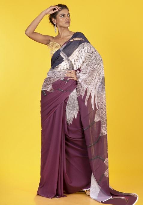 Brown Printed Georgette Saree Set — view on Indya