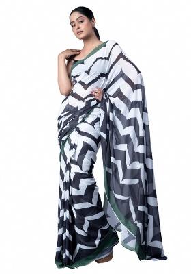 Black Printed Georgette Saree Set