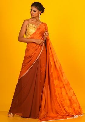 Orange Printed Georgette Saree Set