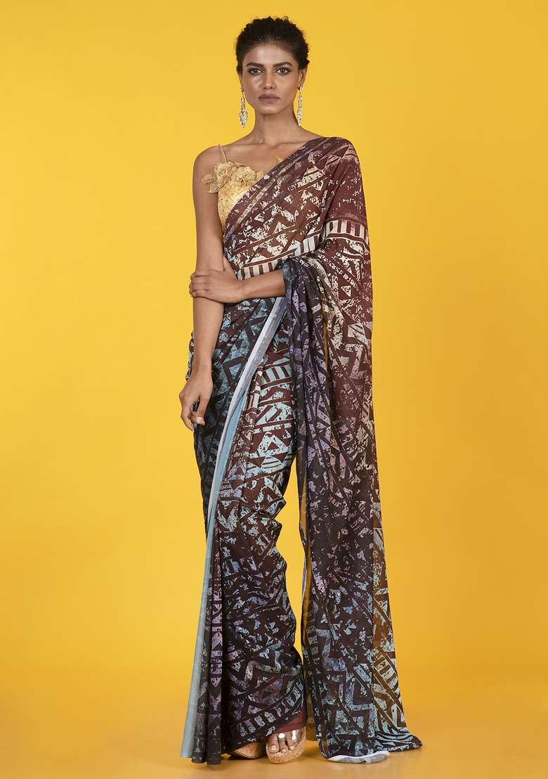Blue Printed Georgette Saree Set - Indya