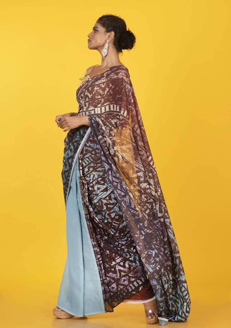 Blue Printed Georgette Saree Set - Indya