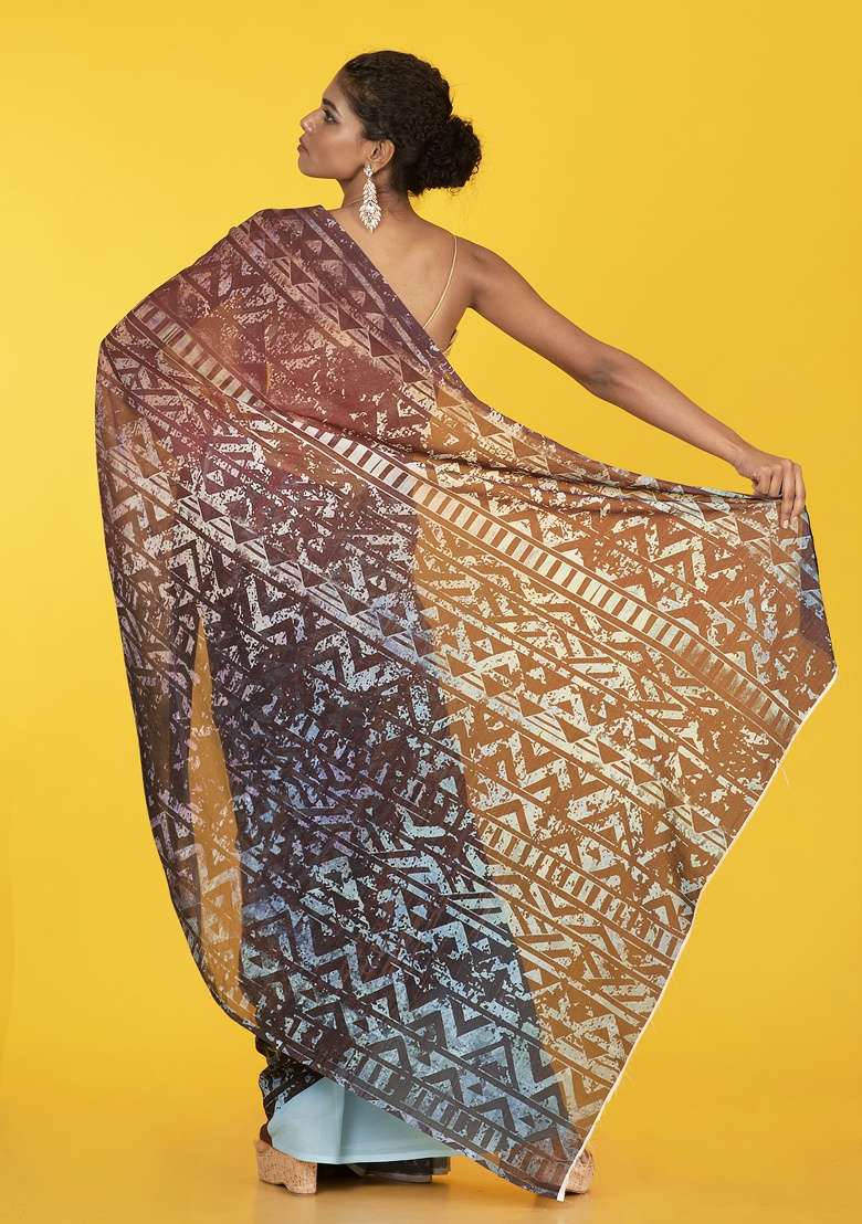 Blue Printed Georgette Saree Set - Indya