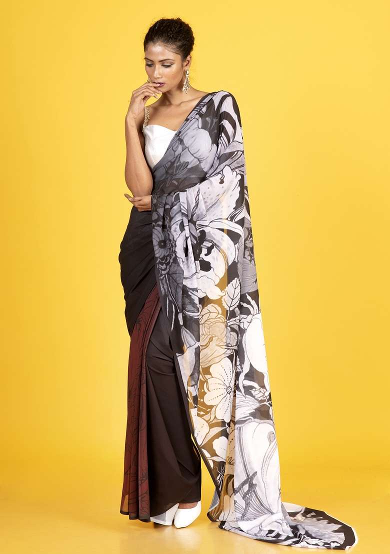 Off White Printed Georgette Saree Set - Indya