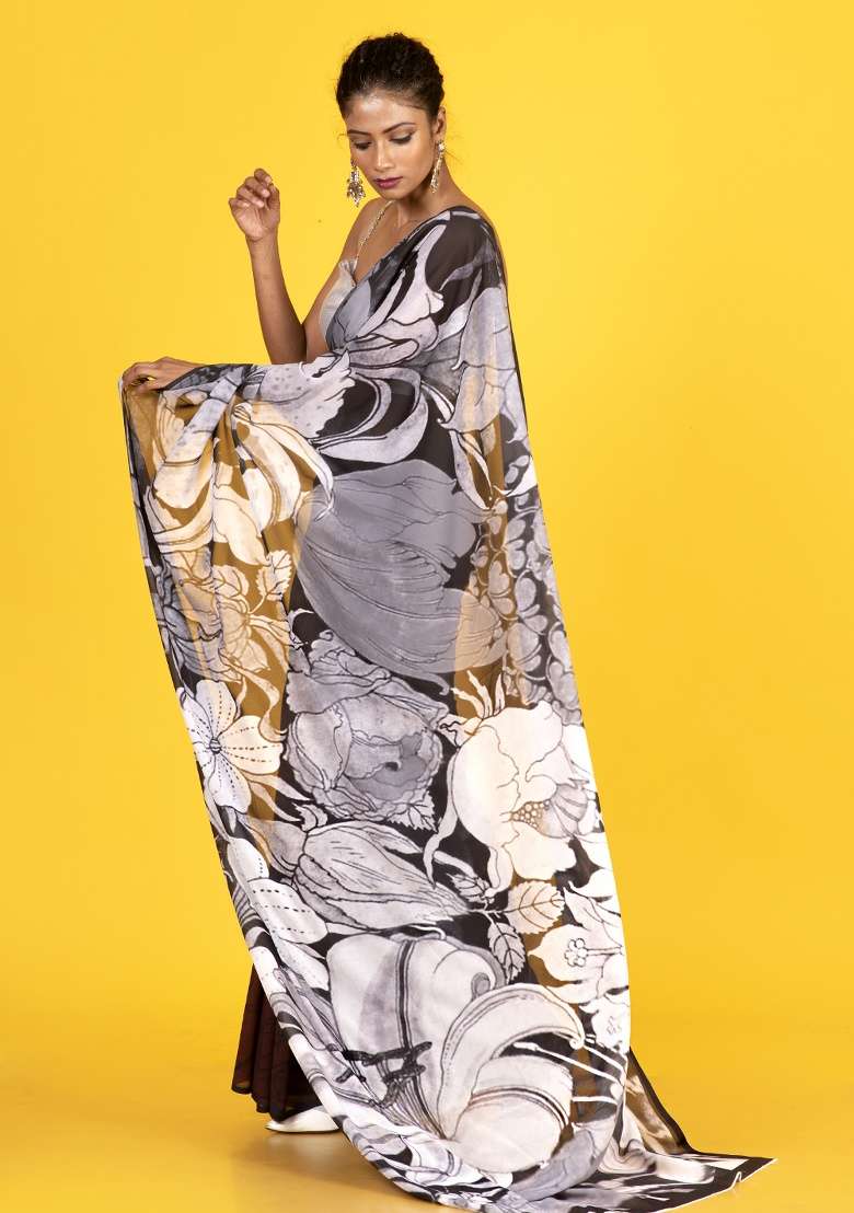 Off White Printed Georgette Saree Set - Indya