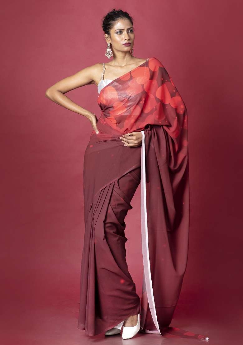 Red Printed Georgette Saree Set - Indya