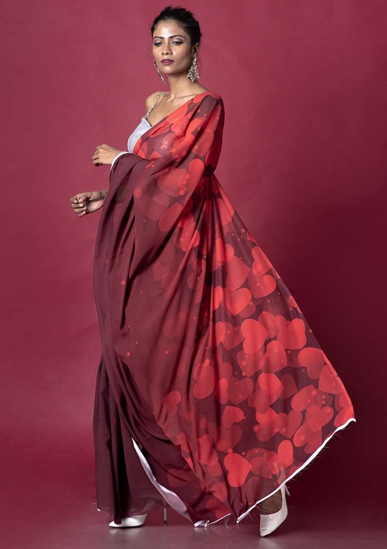 Red Printed Georgette Saree Set - Indya