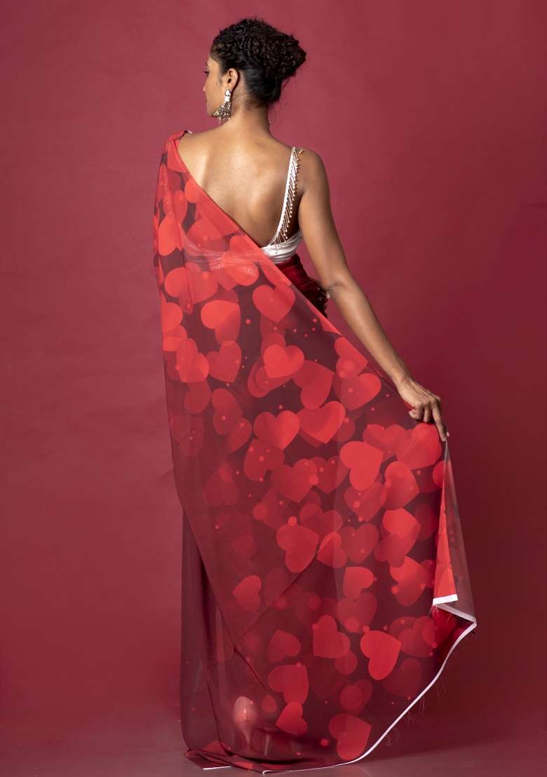 Red Printed Georgette Saree Set - Indya