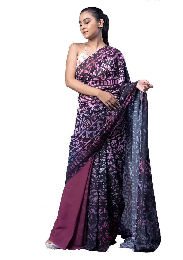 Multicolor Printed Georgette Saree Set - Indya