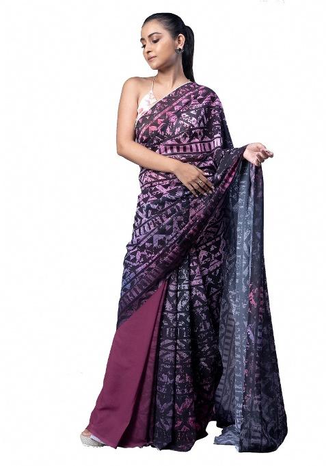 Multicolor Printed Georgette Saree Set — view on Indya