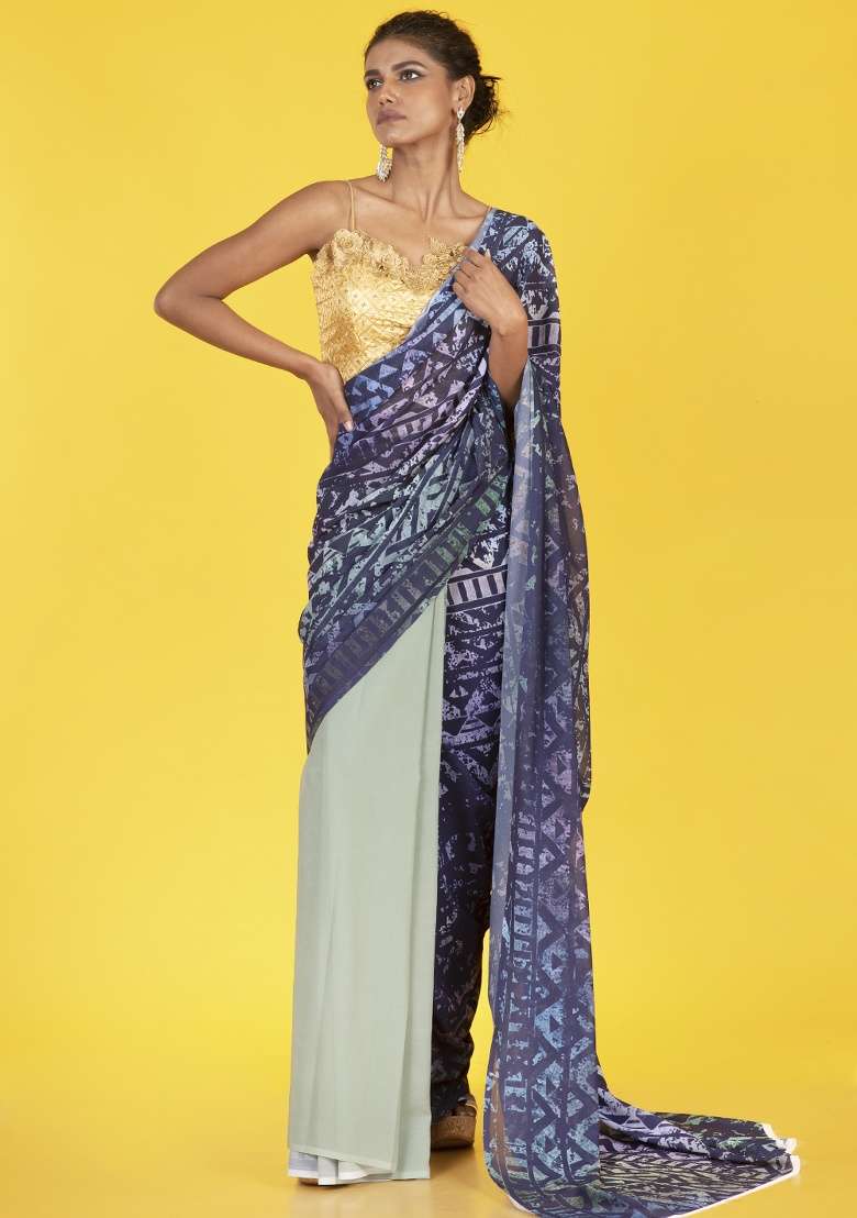Blue Printed Georgette Saree Set - Indya
