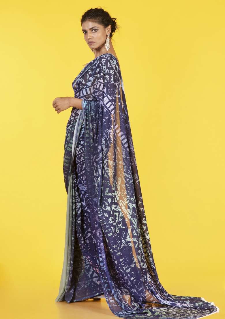 Blue Printed Georgette Saree Set - Indya