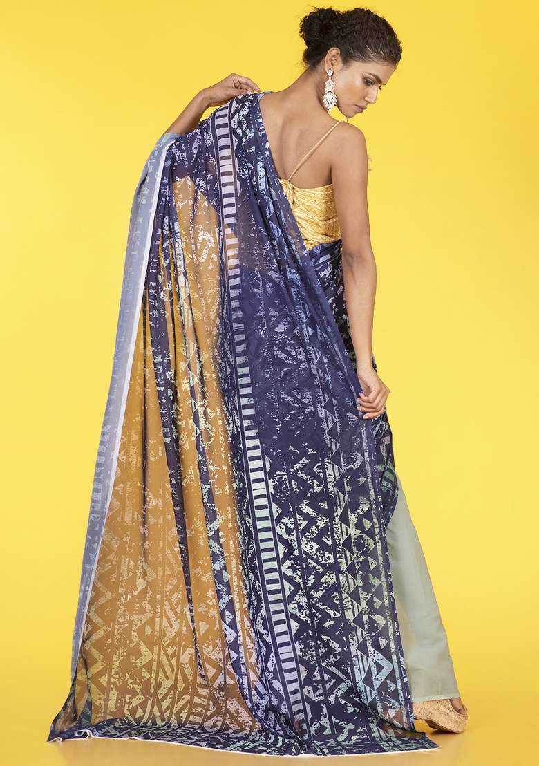 Blue Printed Georgette Saree Set - Indya