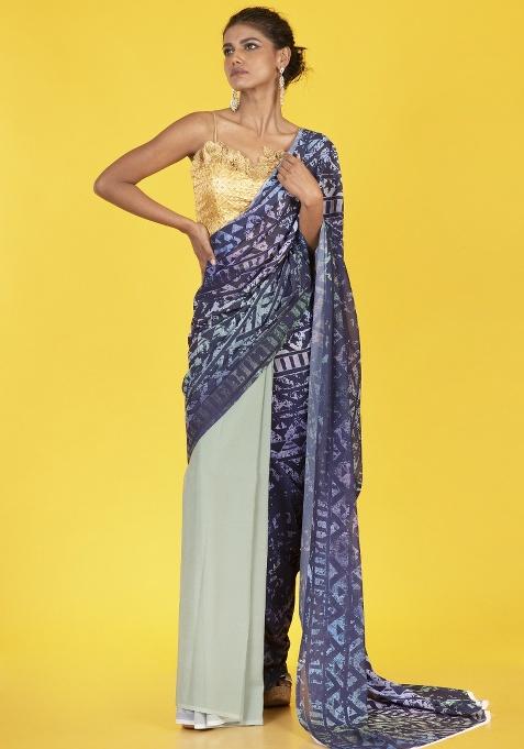 Blue Printed Georgette Saree Set — view on Indya