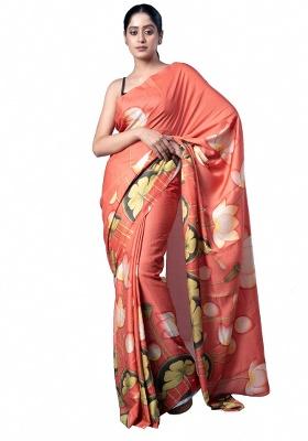 Orange Printed Satin Saree Set