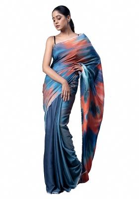 Multicolor Printed Satin Saree Set