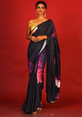 Black Printed Satin Saree Set