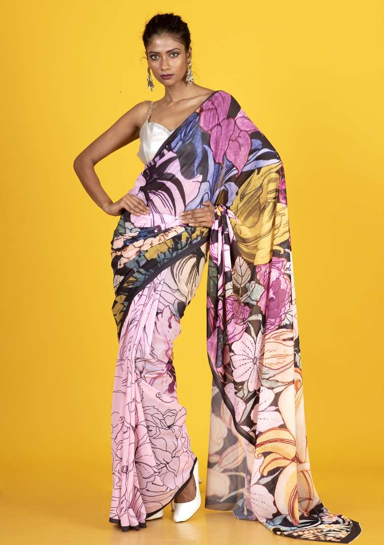 Multicolor Printed Georgette Saree Set - Indya