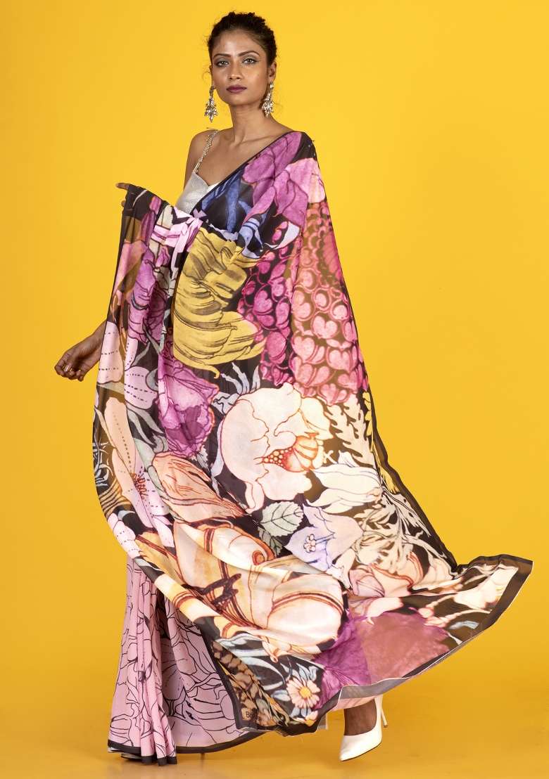 Multicolor Printed Georgette Saree Set - Indya