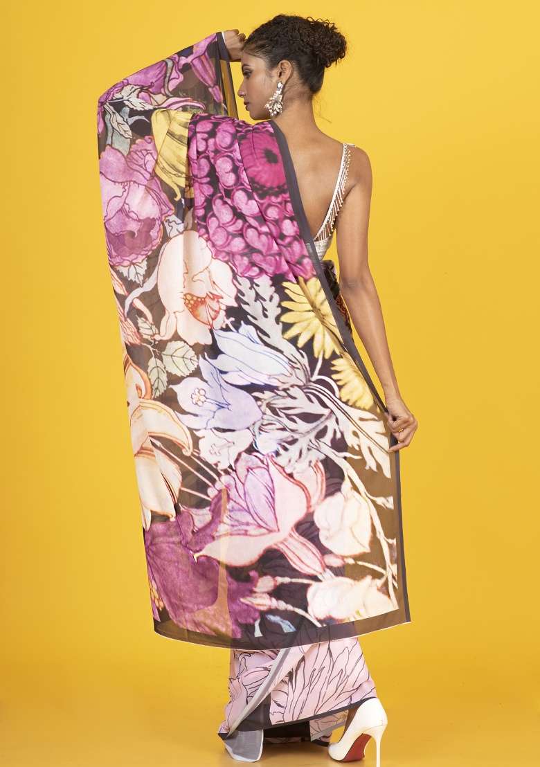 Multicolor Printed Georgette Saree Set - Indya