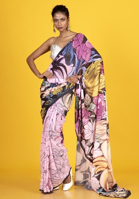 Multicolor Printed Georgette Saree Set