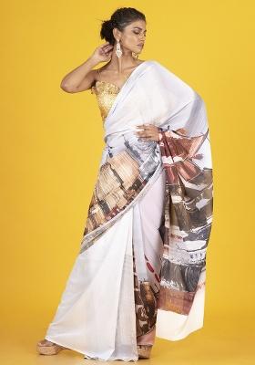 Off White Printed Georgette Saree Set