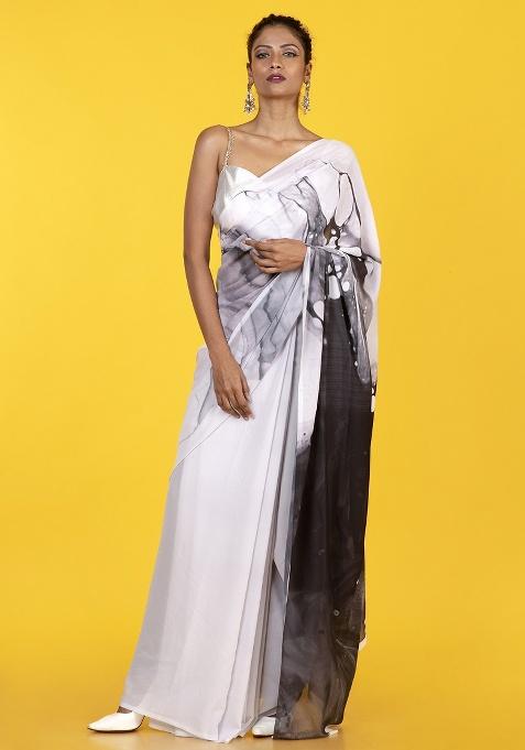 Off White Printed Georgette Saree Set — view on Indya