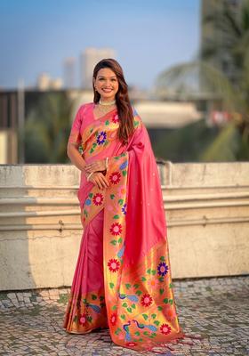 Pink Zari Work Silk Saree Set