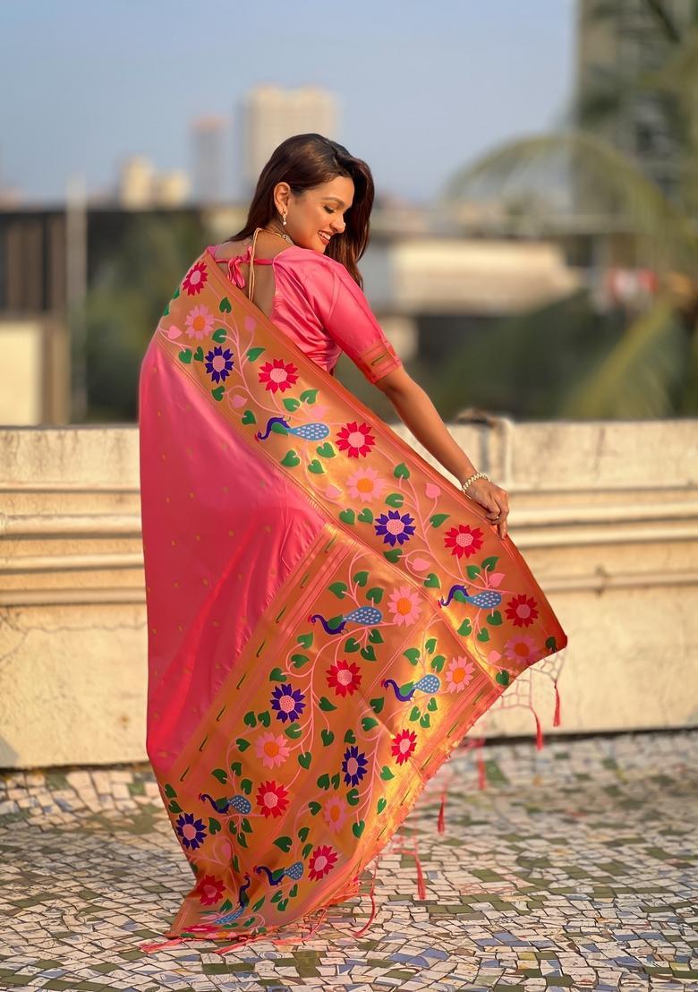 Pink Zari Work Silk Saree Set - Indya