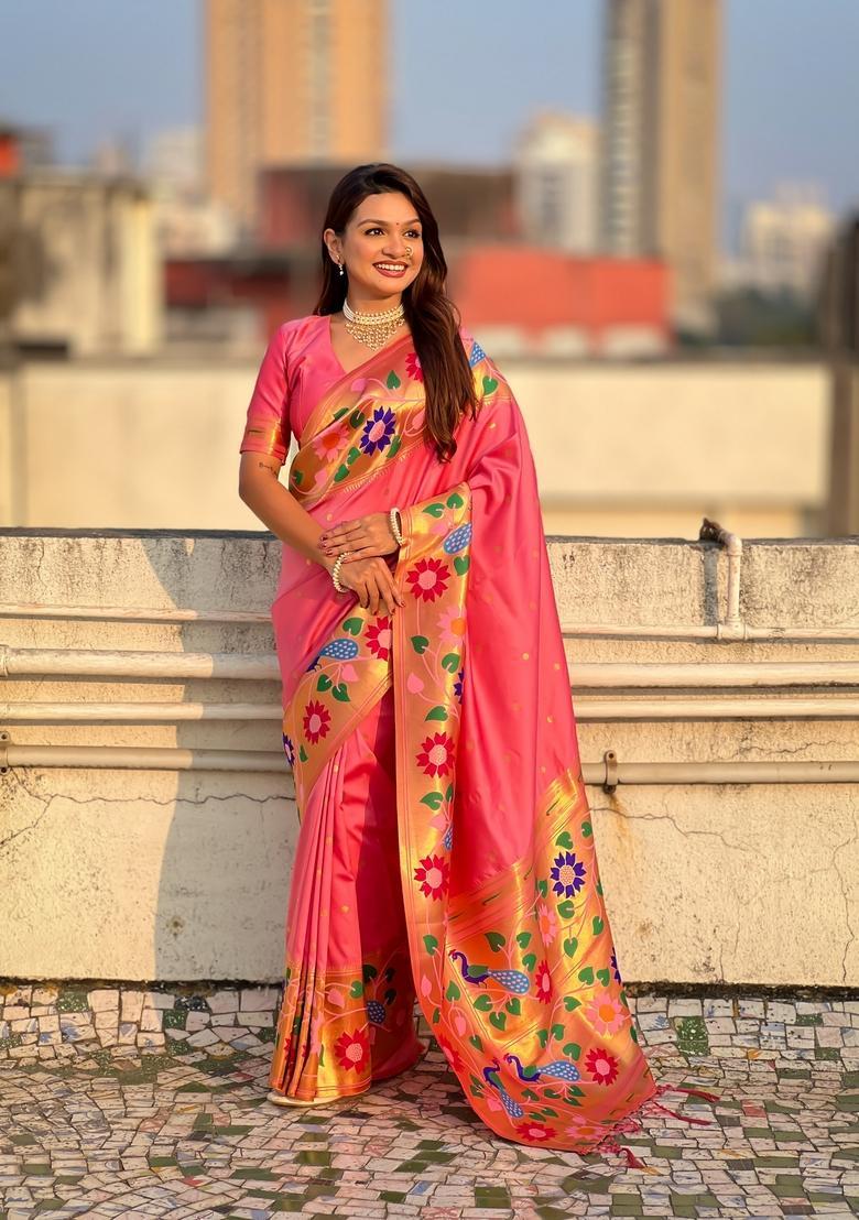 Pink Zari Work Silk Saree Set - Indya