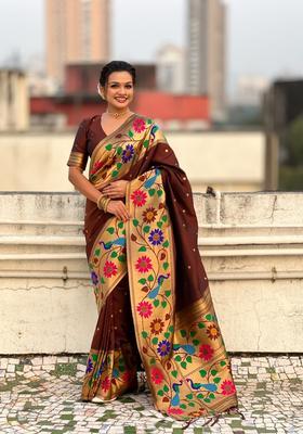 Brown Zari Work Silk Saree Set