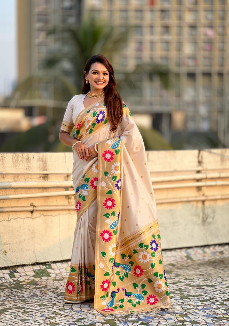 Cream Zari Work Silk Saree Set - Indya