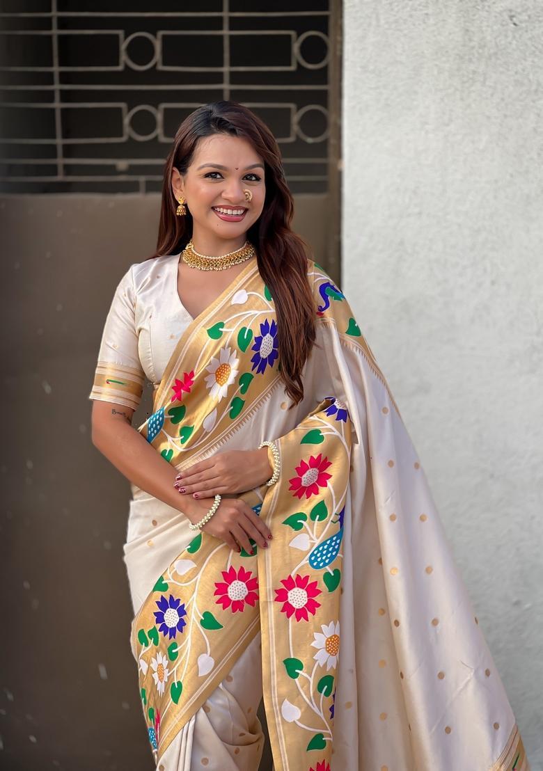 Cream Zari Work Silk Saree Set - Indya